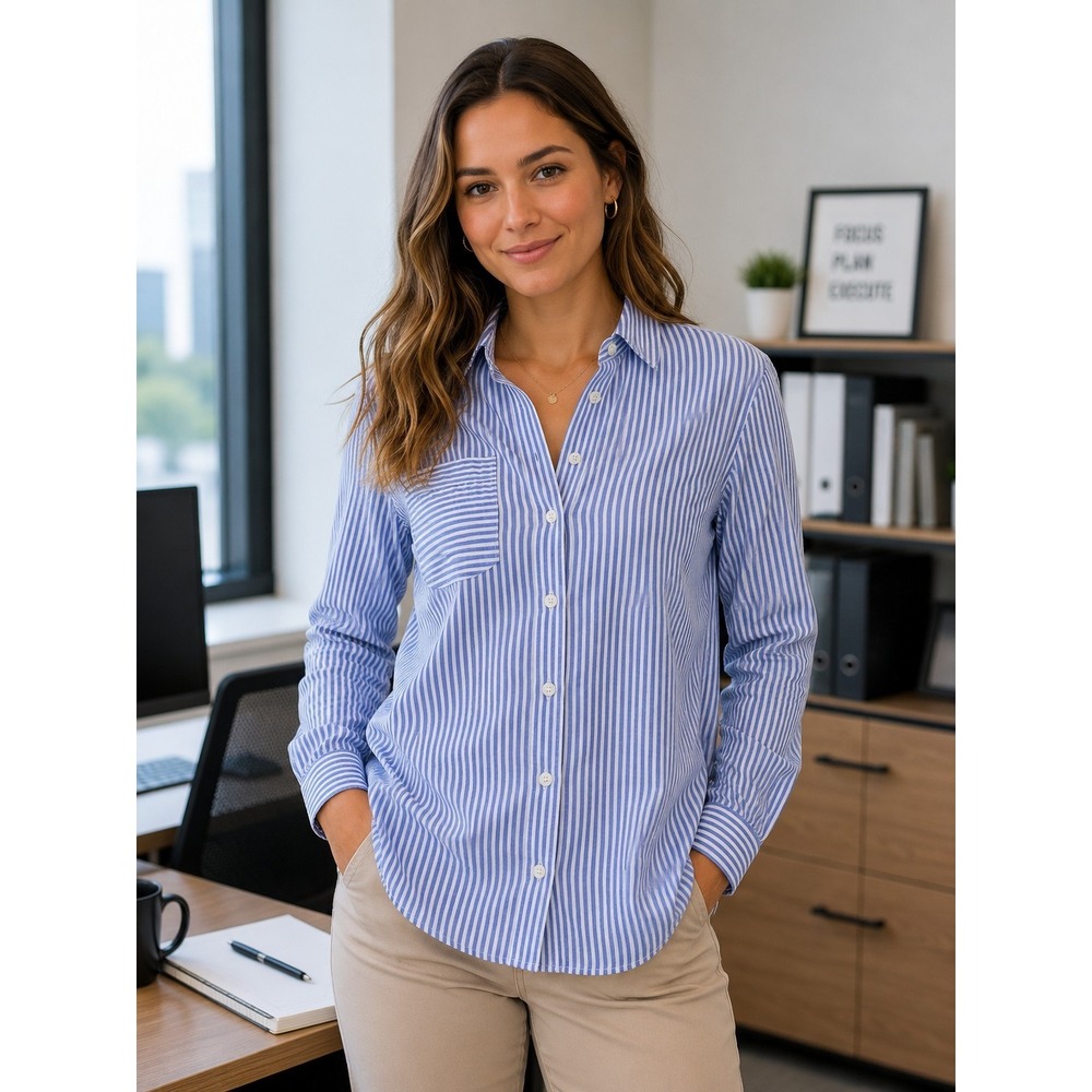 LILLY‎ PULITZER Women's Small Long Sleeve Blue White Stripe Shirt -1184